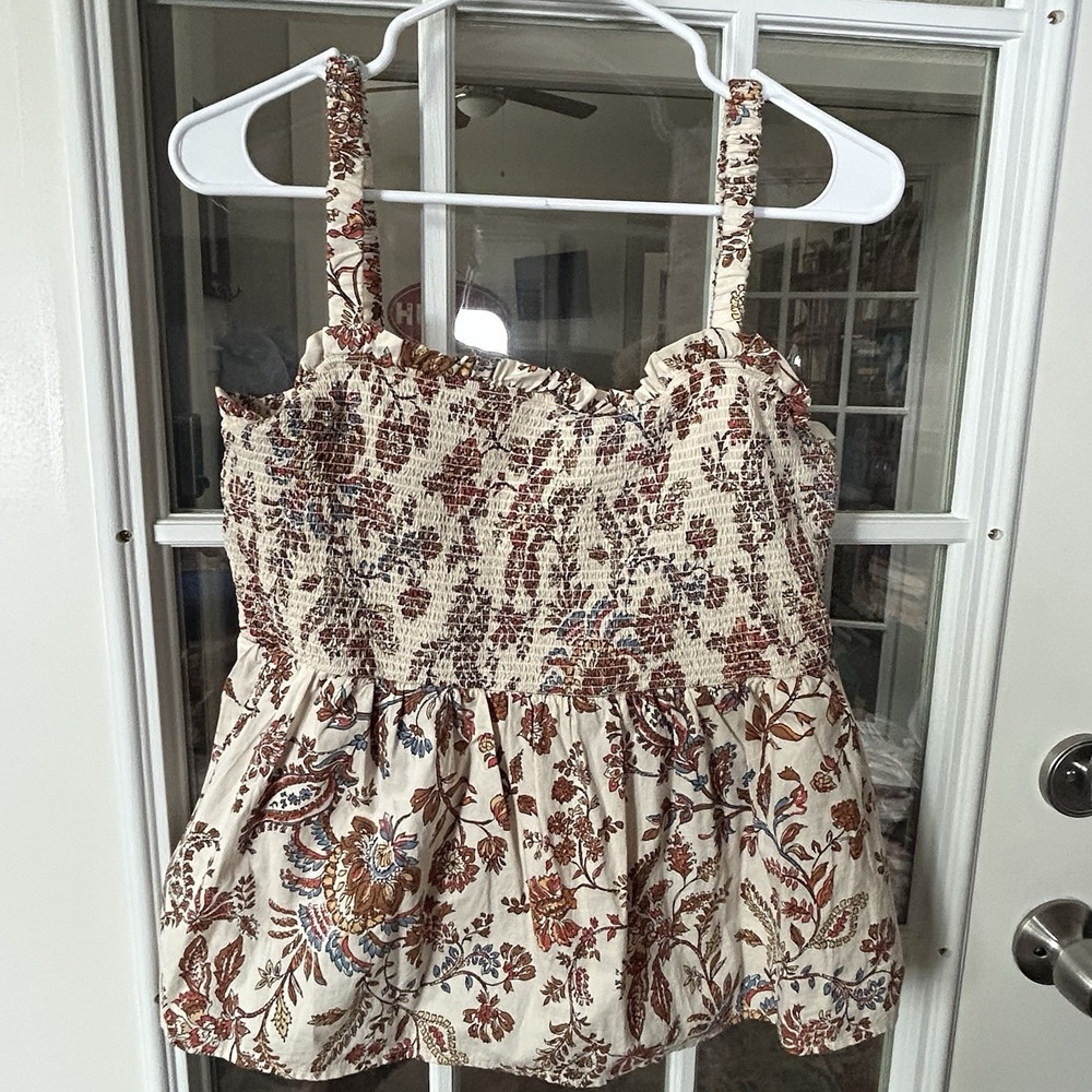 Old Navy Floral Smocked Bodice Peplum Tank Top Womens Large‎ Earth Tones Boho